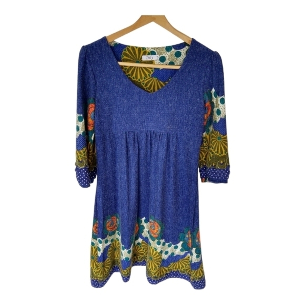 Dily sweater Dress Blue with floral pattern bell sleeves Size M
